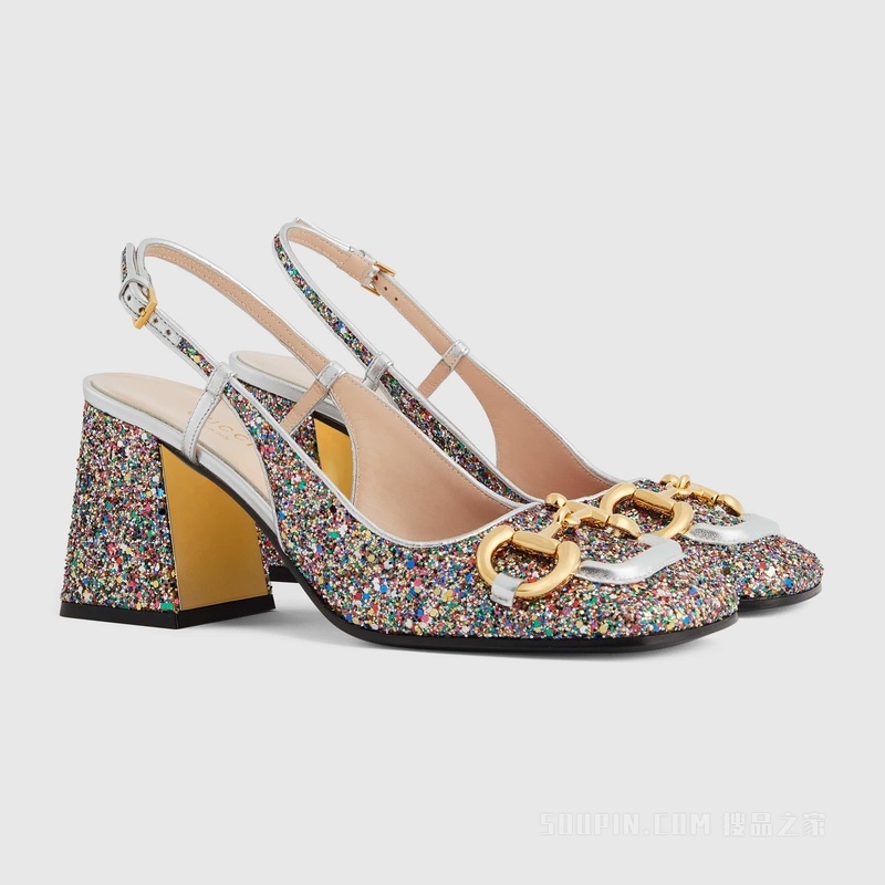 Gucci Lovelight系列饰马衔扣后系带中跟浅口鞋 彩色水晶皮革