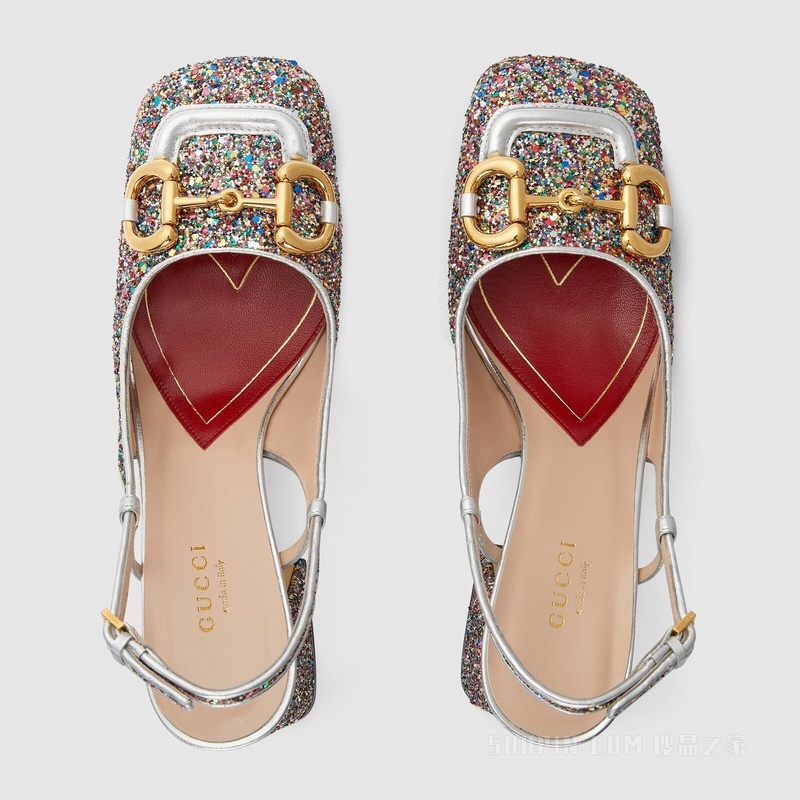 Gucci Lovelight系列饰马衔扣后系带中跟浅口鞋 彩色水晶皮革