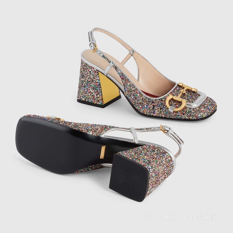 Gucci Lovelight系列饰马衔扣后系带中跟浅口鞋 彩色水晶皮革