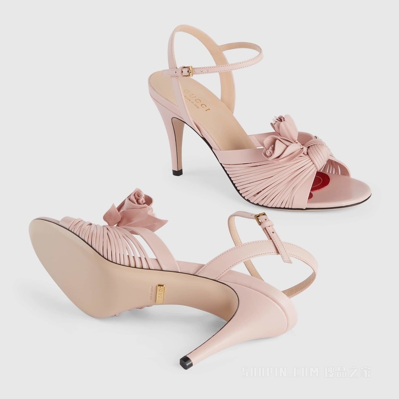 Gucci Lovelight系列饰花朵凉鞋 淡粉色皮革