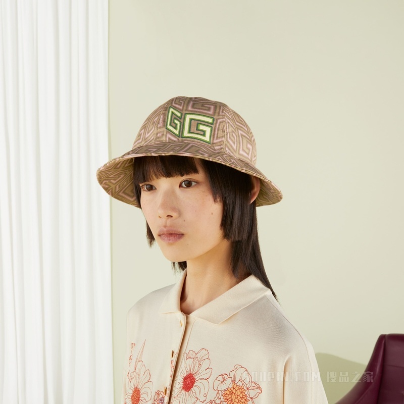 Gucci Lovelight系列方形G扣帆布渔夫帽 米色/粉色
