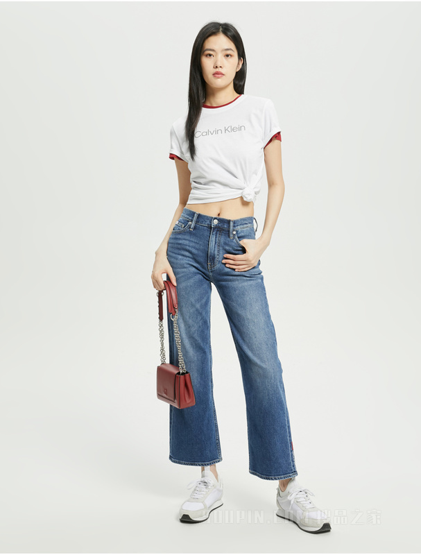 Calvin Klein 22初秋女士时尚刺绣字母高腰宽松微喇阔腿牛仔裤J219689