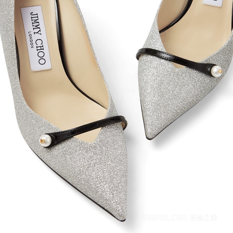 ROSALIA 65 珍珠饰银色细闪粉拼黑色漆皮高跟鞋