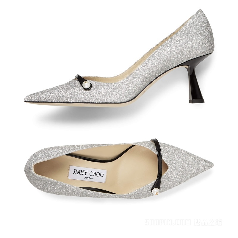 ROSALIA 65 珍珠饰银色细闪粉拼黑色漆皮高跟鞋