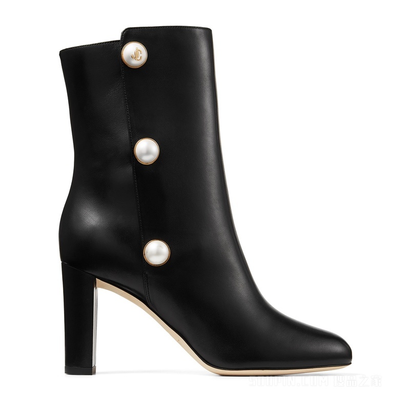 RINA 85 珍珠饰黑色纳帕革中筒靴