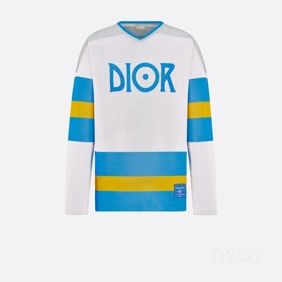 DIOR AND JACK KEROUAC 长袖 T 恤, 宽松版型 白色、蓝绿色和黄色平纹针织科技面料