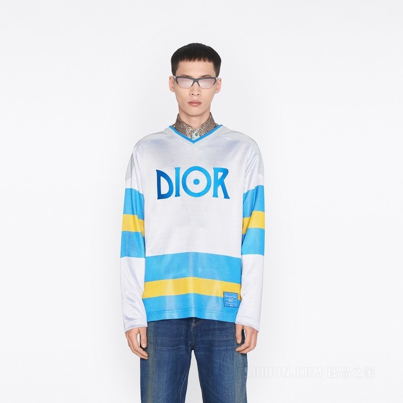 DIOR AND JACK KEROUAC 长袖 T 恤, 宽松版型 白色、蓝绿色和黄色平纹针织科技面料