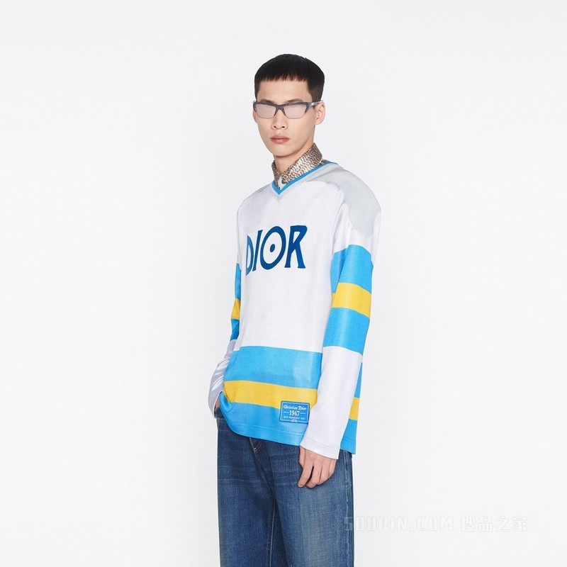 DIOR AND JACK KEROUAC 长袖 T 恤, 宽松版型 白色、蓝绿色和黄色平纹针织科技面料