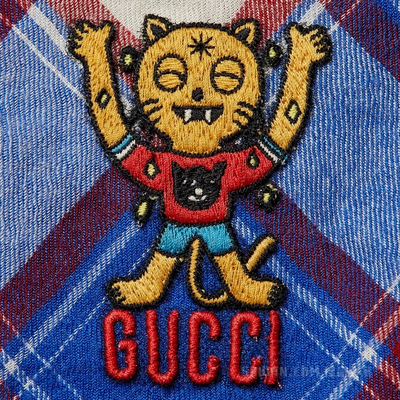 Gucci小猫刺绣格纹羊毛衬衫 蓝色和红色