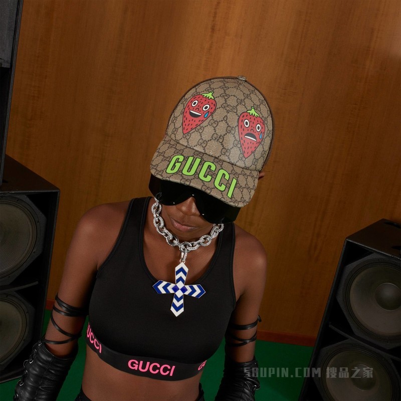 Gucci草莓印花Supreme棒球帽 米色和乌木色