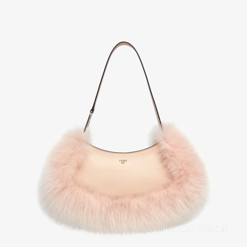 Fendi O'Lock Swing 浅粉红色皮革和狐狸皮革手拿包