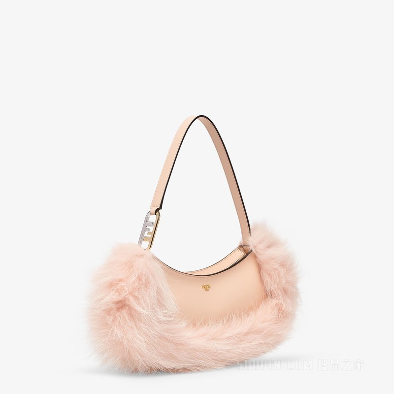 Fendi O'Lock Swing 浅粉红色皮革和狐狸皮革手拿包