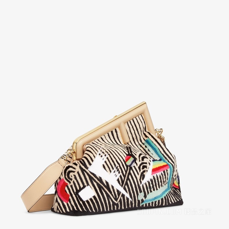 Fendi First中号手袋 拼色镶饰貂毛手袋