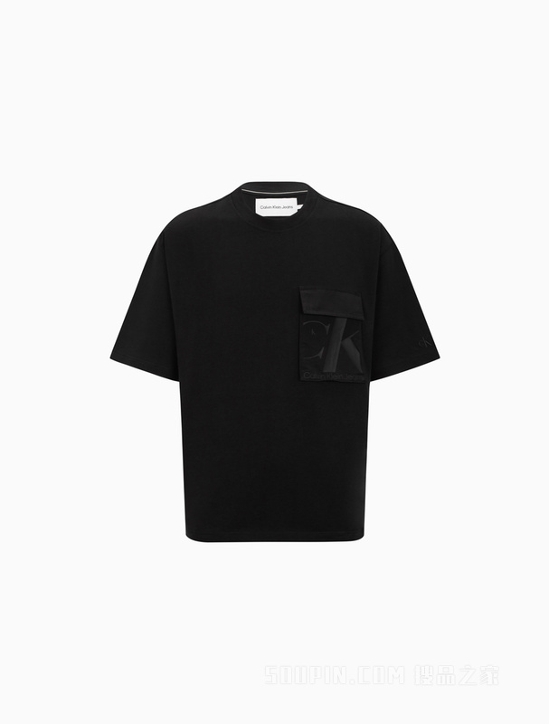 Calvin Klein 22初秋男纯棉宽松透气胶质LOGO口袋圆领短袖卫衣J321524