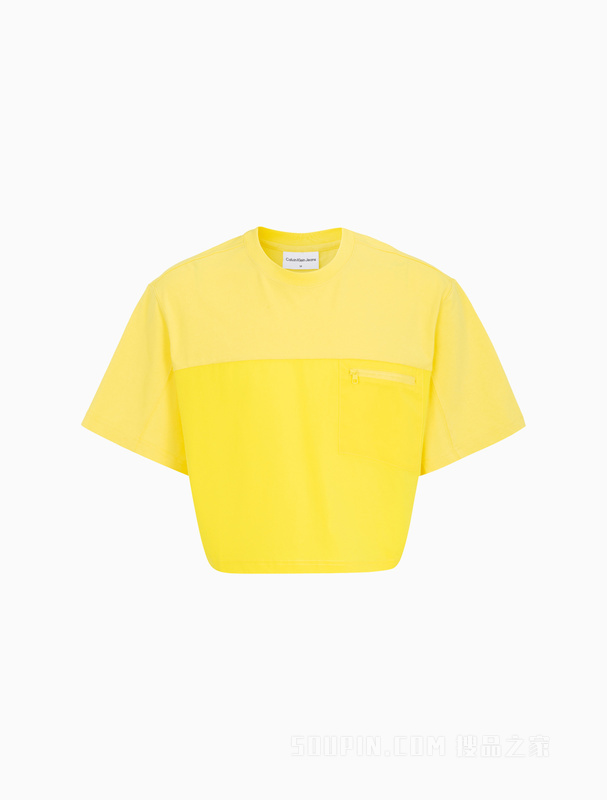Calvin Klein 22春夏男女情侣中性时尚短款LOGO标牌拼接短袖T恤J400196