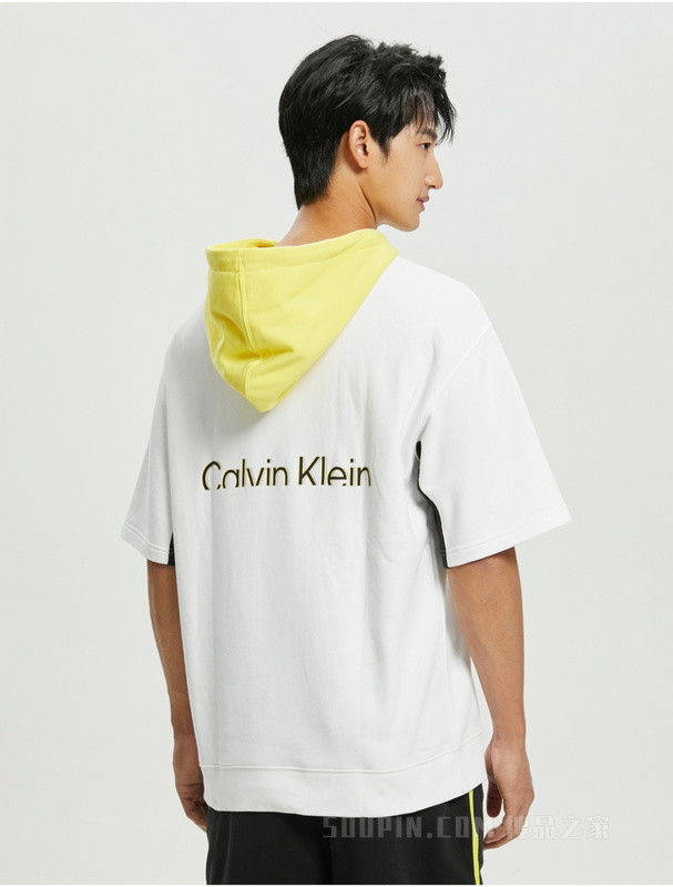Calvin Klein 22春夏男女情侣中性简约印花拼色连帽短袖卫衣J400206