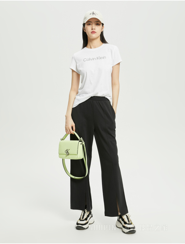 Calvin Klein 22初秋女士时尚LOGO腰边直筒显瘦前开衩休闲裤J219666