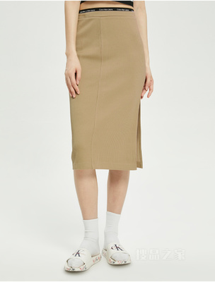 Calvin Klein 22初秋女士时尚LOGO织带腰边刺绣开衩包臀半身裙J219621