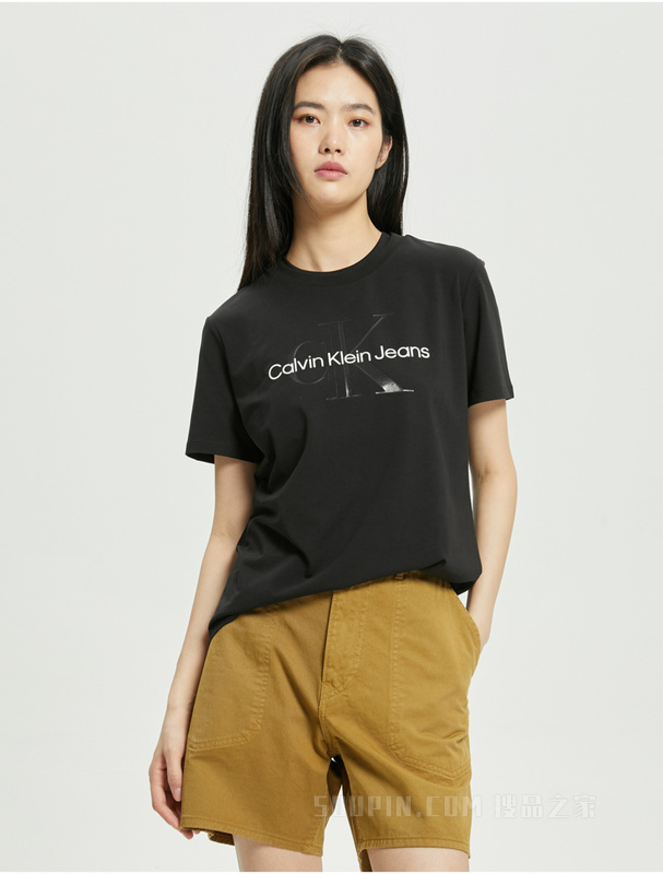 Calvin Klein 22初秋新款女士休闲圆领透气交叠LOGO标短袖T恤J219672