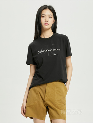 Calvin Klein 22初秋新款女士休闲圆领透气交叠LOGO标短袖T恤J219672
