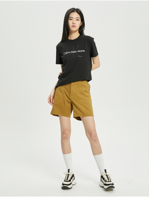 Calvin Klein 22初秋新款女士休闲圆领透气交叠LOGO标短袖T恤J219672