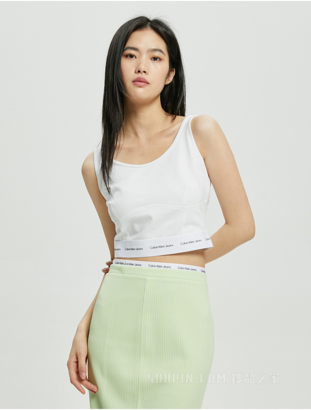 Calvin Klein 22初秋女士两件套LOGO织带背心+短款刺绣短袖卫衣J219670