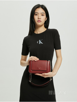 Calvin Klein 22初秋女士时尚LOGO系绳开衩中长款短袖连衣裙J219675