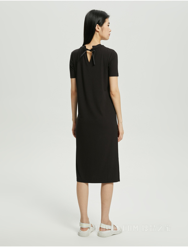 Calvin Klein 22初秋女士时尚LOGO系绳开衩中长款短袖连衣裙J219675