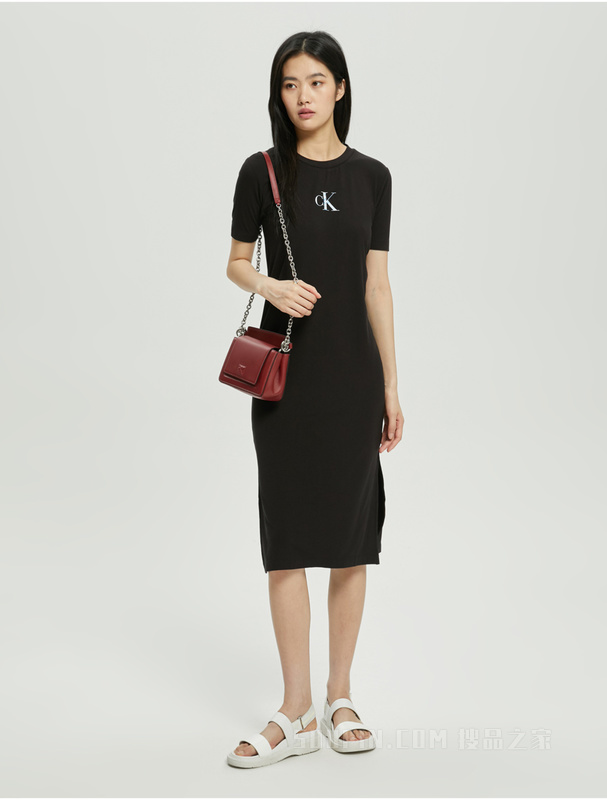Calvin Klein 22初秋女士时尚LOGO系绳开衩中长款短袖连衣裙J219675