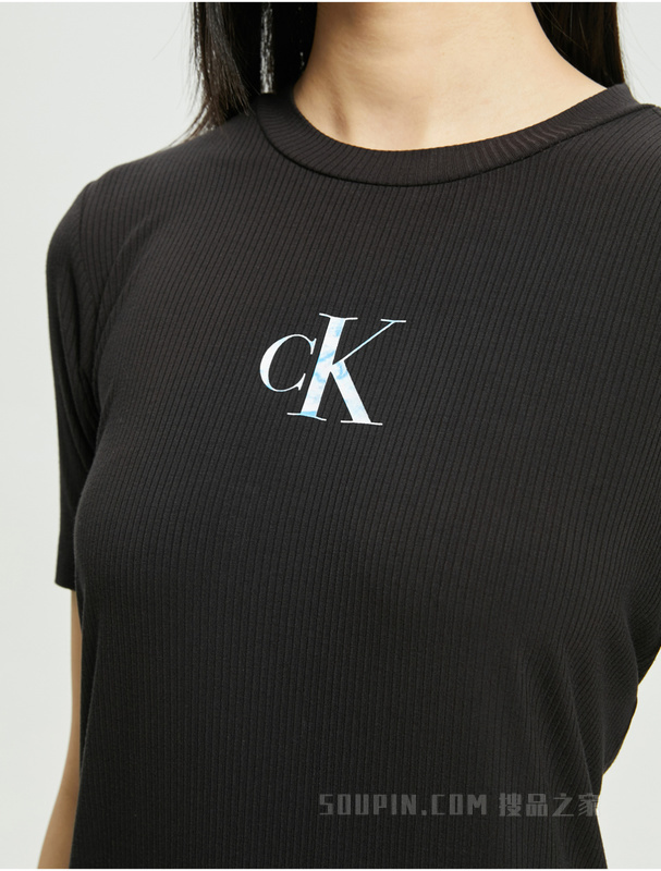 Calvin Klein 22初秋女士时尚LOGO系绳开衩中长款短袖连衣裙J219675
