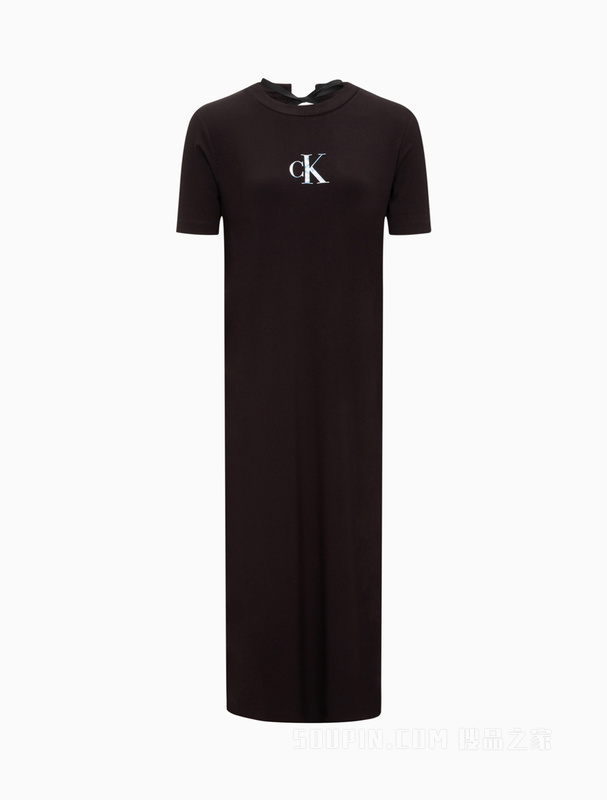 Calvin Klein 22初秋女士时尚LOGO系绳开衩中长款短袖连衣裙J219675