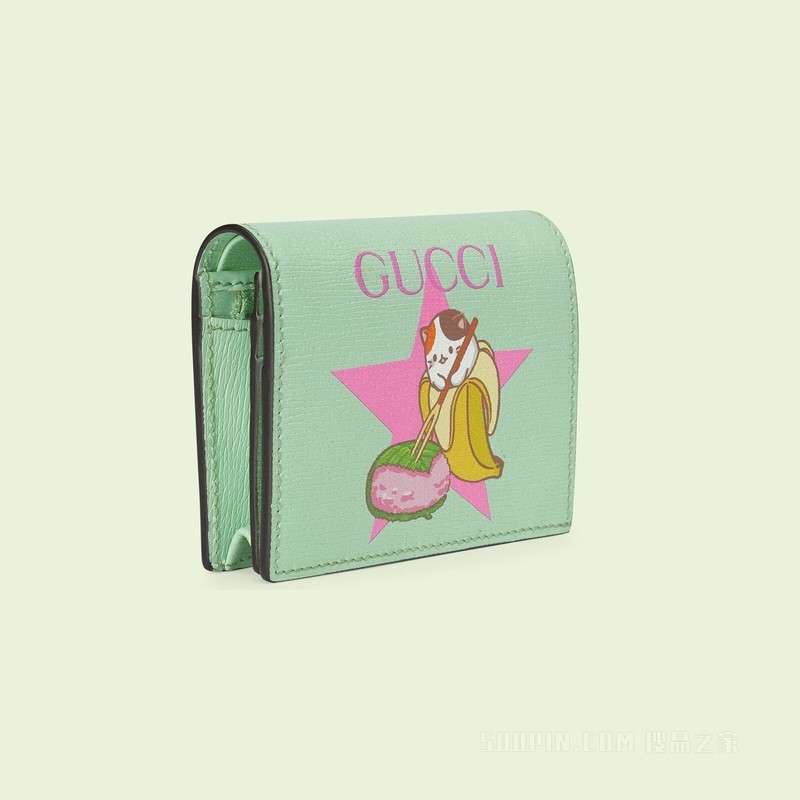 Gucci和星星Bananya印花卡片夹 淡绿色皮革