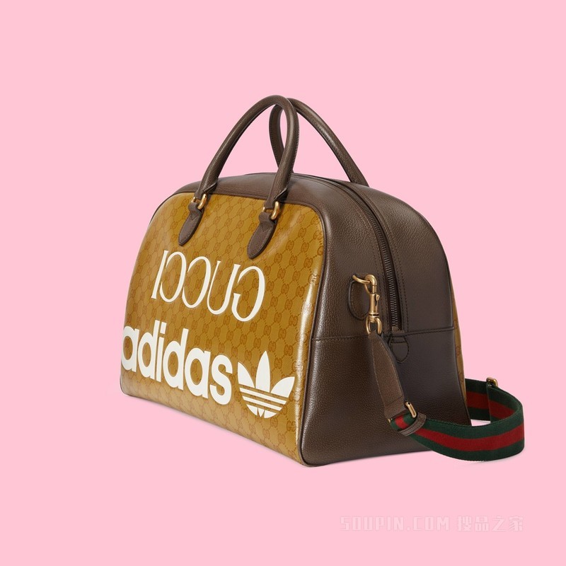 adidas x Gucci联名系列大号旅行包 米色和棕色水晶帆布