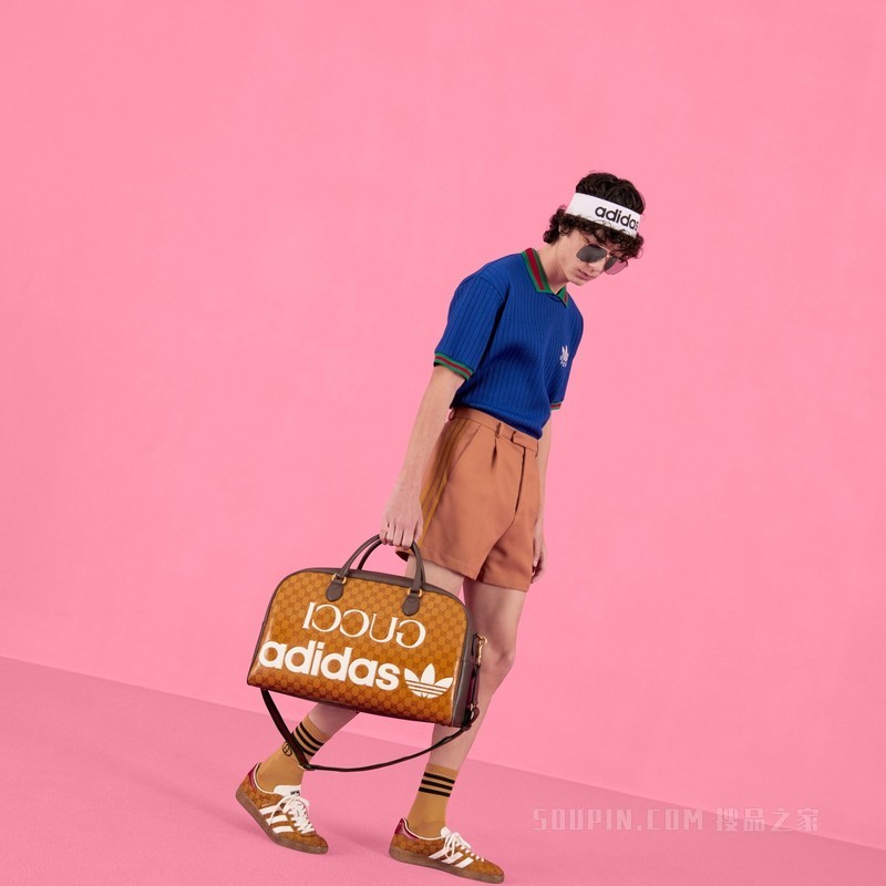 adidas x Gucci联名系列大号旅行包 米色和棕色水晶帆布