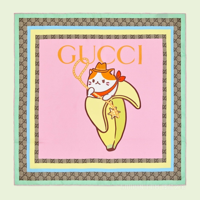 Gucci和Bananya印花真丝围巾 粉色