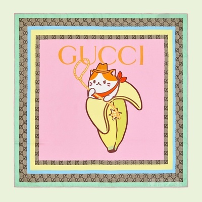 Gucci和Bananya印花真丝围巾 粉色
