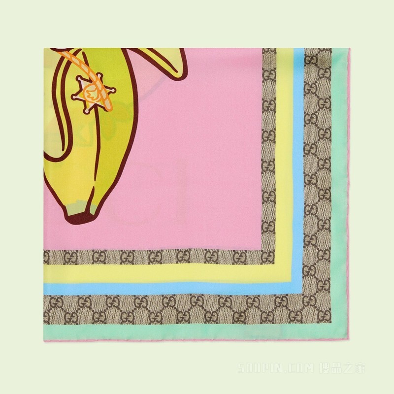 Gucci和Bananya印花真丝围巾 粉色