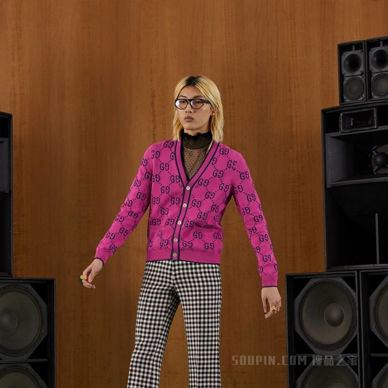 GG针织羊毛开衫 玫红色和蓝色