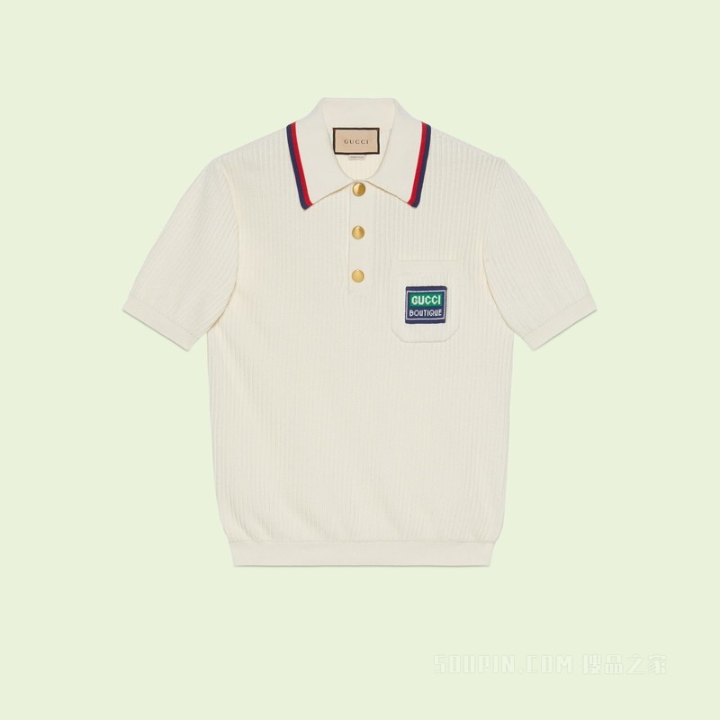 条纹棉质针织Polo上衣 象牙白色棉布
