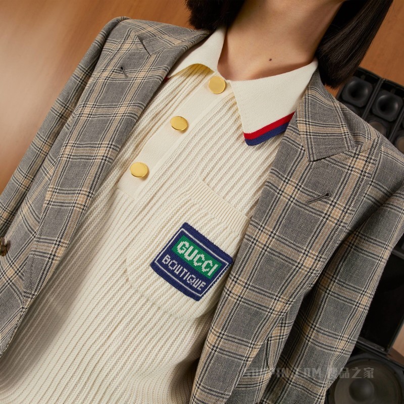 条纹棉质针织Polo上衣 象牙白色棉布