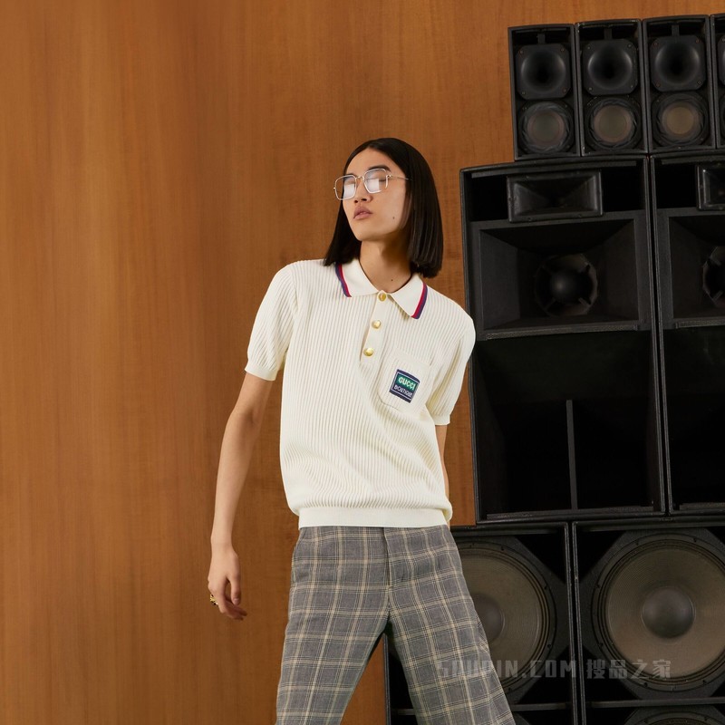 条纹棉质针织Polo上衣 象牙白色棉布