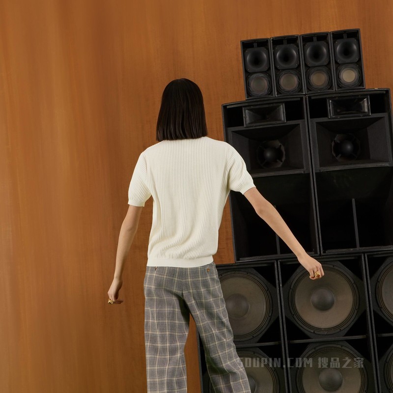 条纹棉质针织Polo上衣 象牙白色棉布