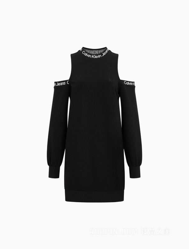 Calvin Klein 22秋冬女士时尚露肩LOGO提花圆领针织连衣裙J220108
