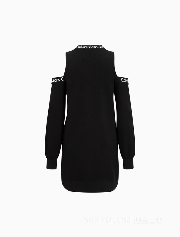 Calvin Klein 22秋冬女士时尚露肩LOGO提花圆领针织连衣裙J220108