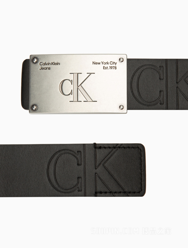 Calvin Klein 22秋冬新款男士复古LOGO标牌扣荔枝纹牛皮腰带皮带HC1903