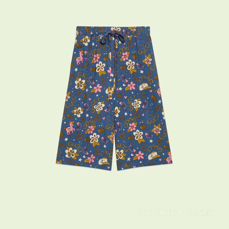 复古花朵印花粘胶纤维裙裤 深蓝色