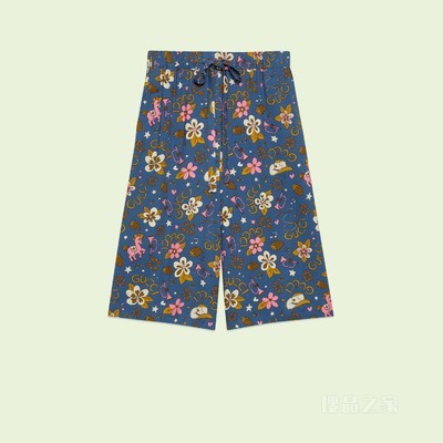 复古花朵印花粘胶纤维裙裤 深蓝色