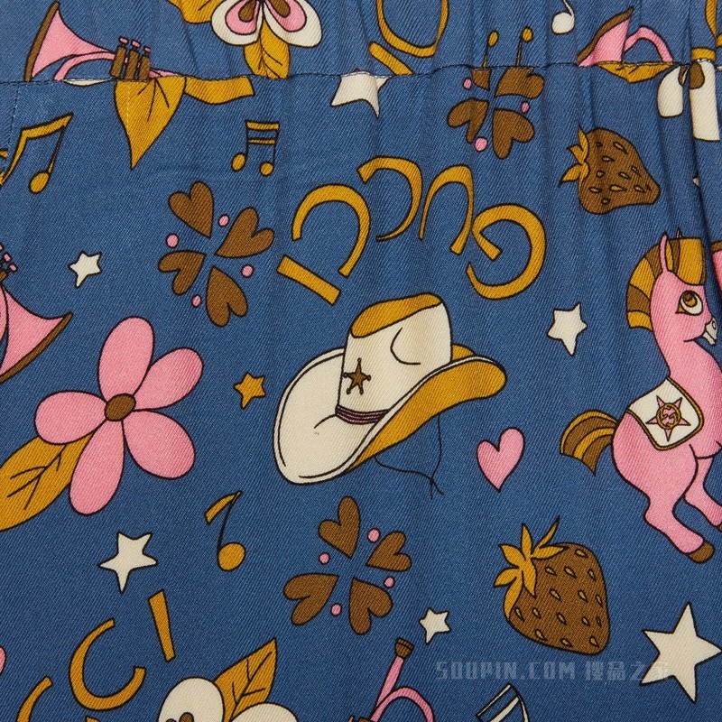 复古花朵印花粘胶纤维裙裤 深蓝色