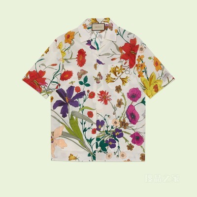 花卉印花平纹细布保龄球衫 象牙白色和多色