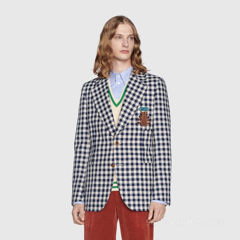 Gucci Pineapple系列格纹夹克 蓝色和白色
